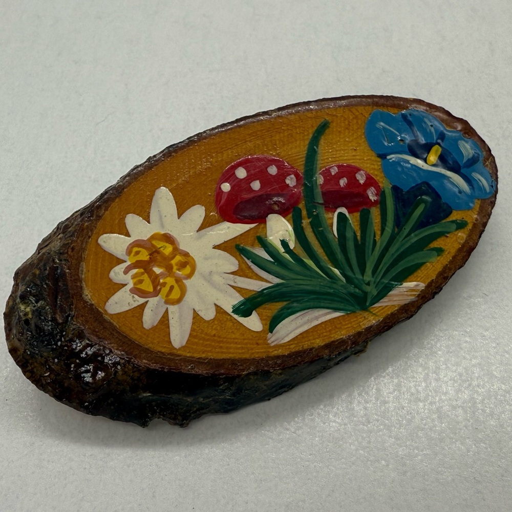 Vintage Hand Painted Woodland‎ Cottagecore Mushroom Folksy Art Floral Brooch Pin